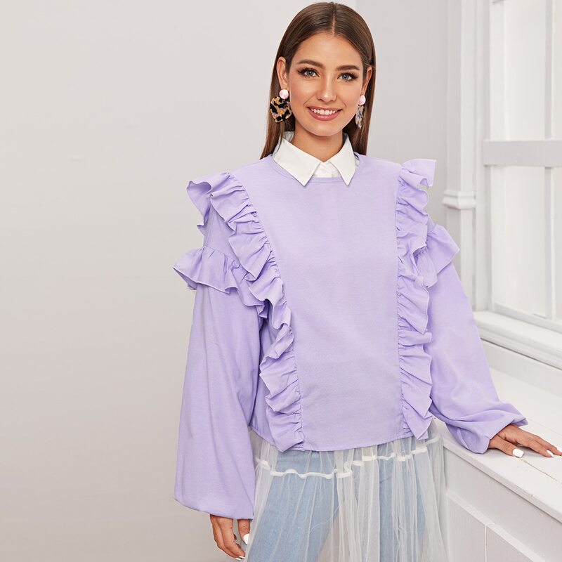 

Ruffle Trim Balloon Sleeve Solid Top, Purple pastel