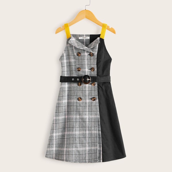 

Girls Double Breasted Plaid Slip Dress With Belt, Multicolor