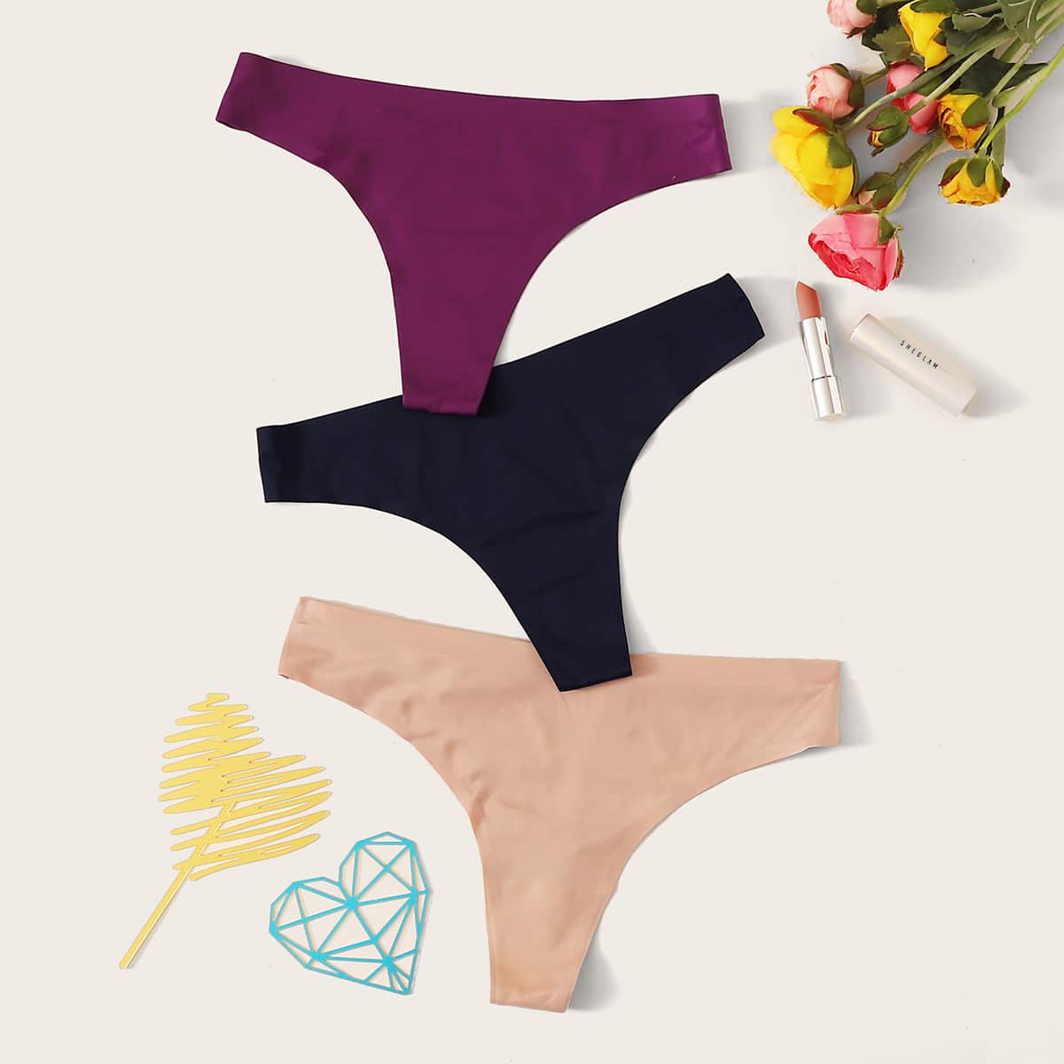 

3pack Solid Seamless Thong Panty Set, Multicolor