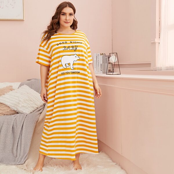 

Plus Slogan Graphic Striped Nightdress, Yellow