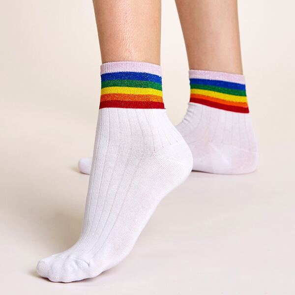 

1pair Rainbow Striped Pattern Socks, White