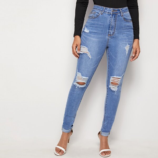 

High Waisted Ripped Cropped Skinny Jeans, Blue