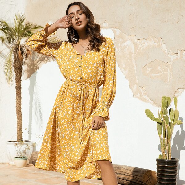

Floral Print Drawstring Waist Shirt Dress, Mustard yellow