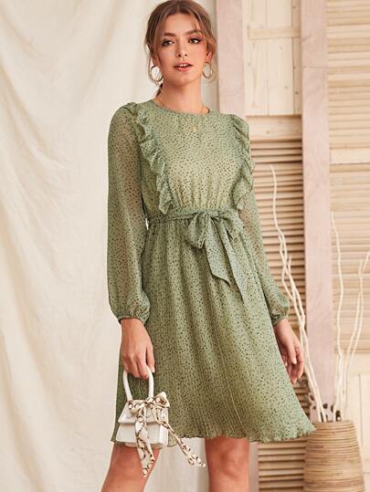 Chiffon All Over Print Ruffle Trim Belted Dress