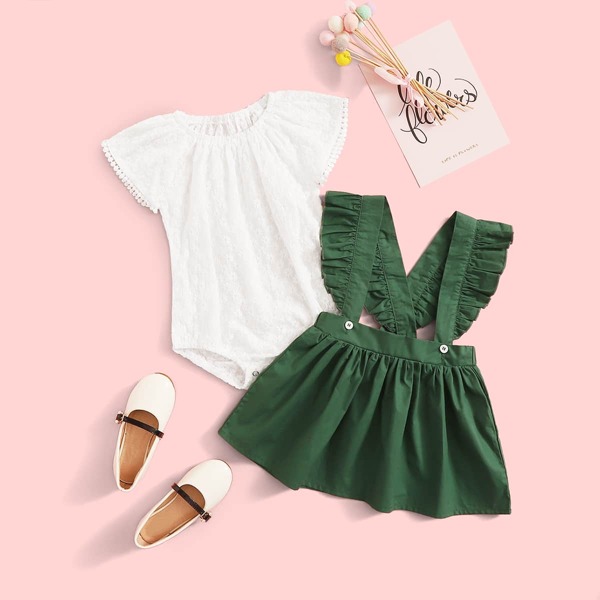 

Baby Girl Lace Insert Romper With Ruffle Pinafore Skirt, Multicolor
