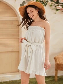 荷葉邊打褶腰帶抹胸連身短褲 - 白色 - 查看 1