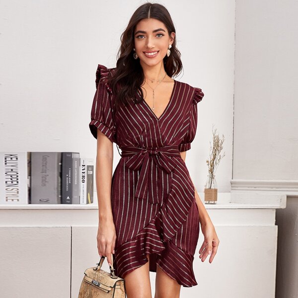 

Ruffle Trim Belted Striped Dress, Burgundy