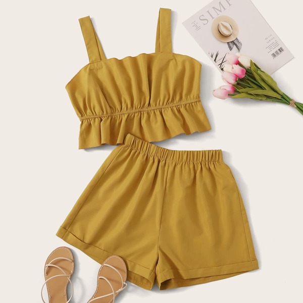 

Ruffle Hem Cami Top & Cuffed Shorts Set, Yellow