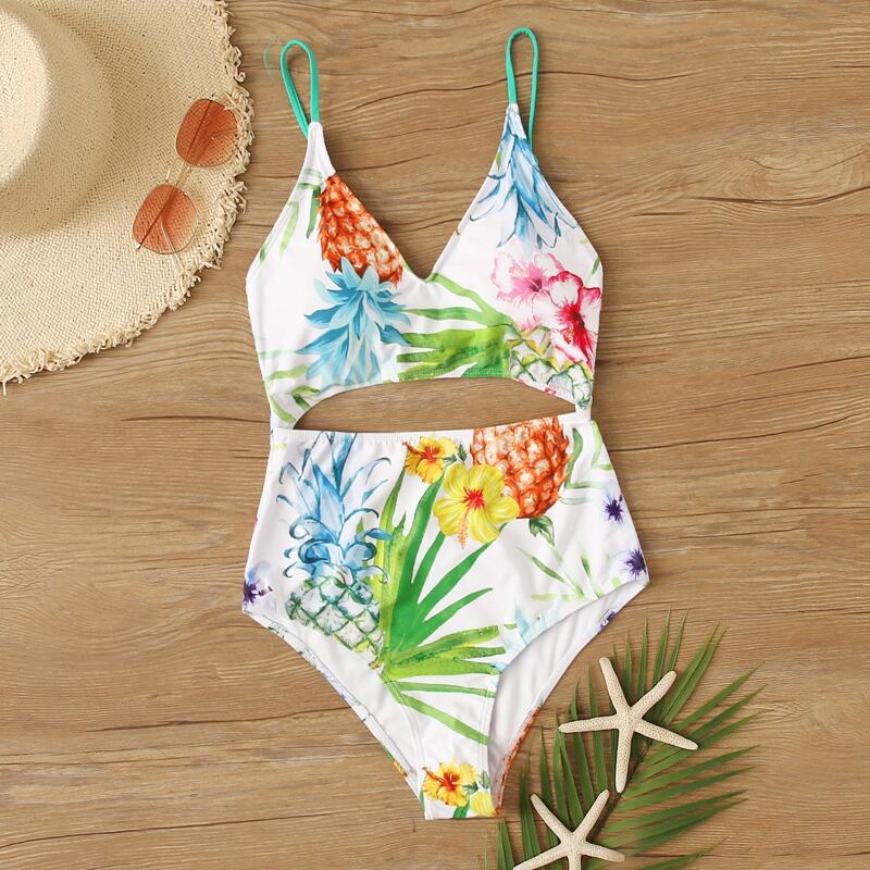

Floral & Pineapple Print Cutout One Piece Swimsuit, Multicolor