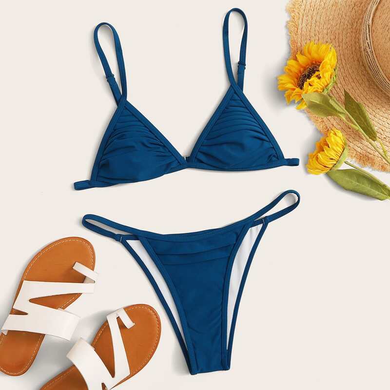 

Ruched Triangle Thong Bikini Swimsuit, Blue