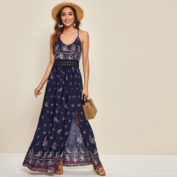 

Racerback Lace Detail Split Thigh Paisley Print Slip Dress, Navy blue