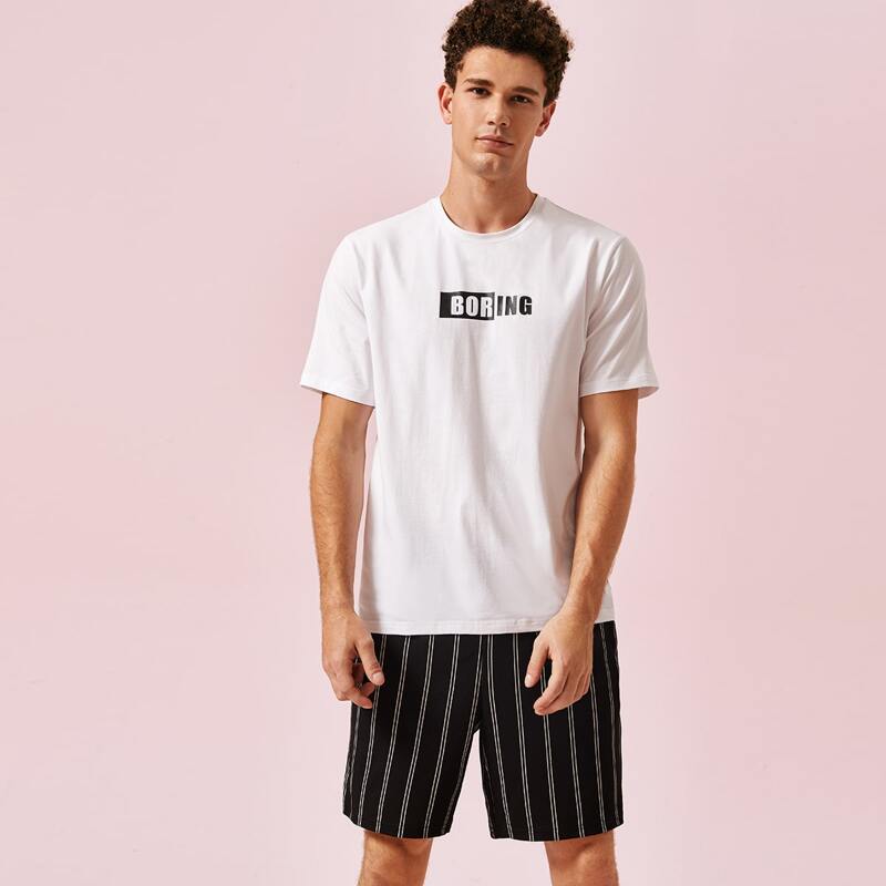 

Guys Letter Graphic Top & Striped Shorts PJ Set, Black and white
