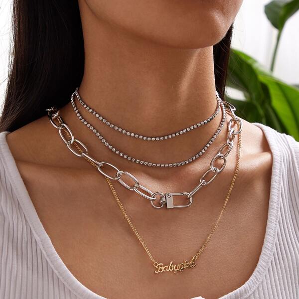 

2pcs Letter & Rhinestone Engraved Necklace, Silver