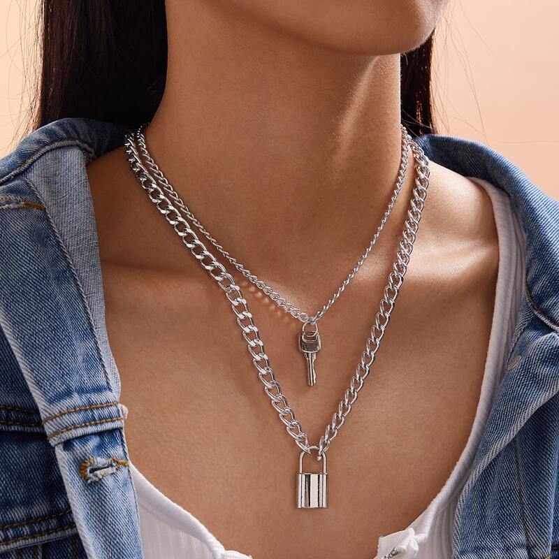 

1pc Key & Lock Charm Layered Necklace, Silver