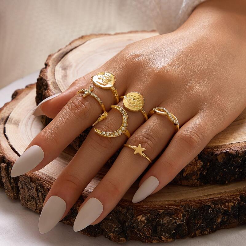 

6pcs Rhinestone Engraved Cross & Star Decor Ring, Gold