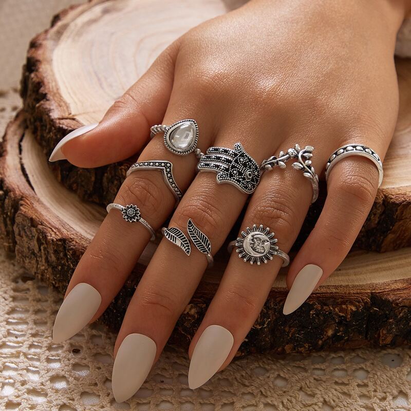 

8pcs Sun & Leaf Decor Ring, Silver