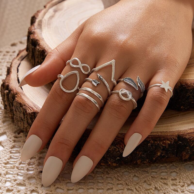 

9pcs Infinity & Star Decor Ring, Silver