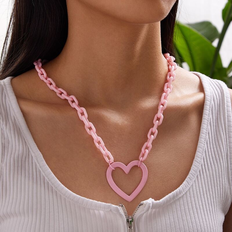 

1pcs Heart Charm Chain Necklace, Pink
