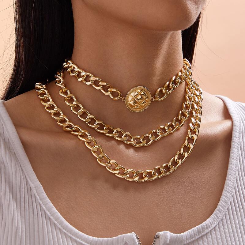

3pcs Round Decor Chain Necklace, Gold