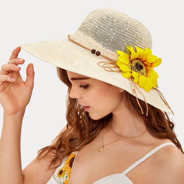 

Flower Decor Straw Hat, Beige