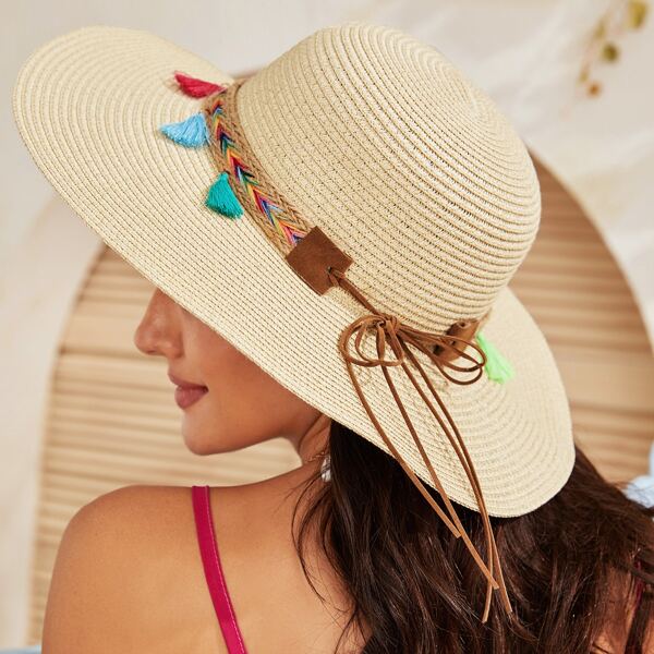 

Tassel Decor Straw Hat, Beige