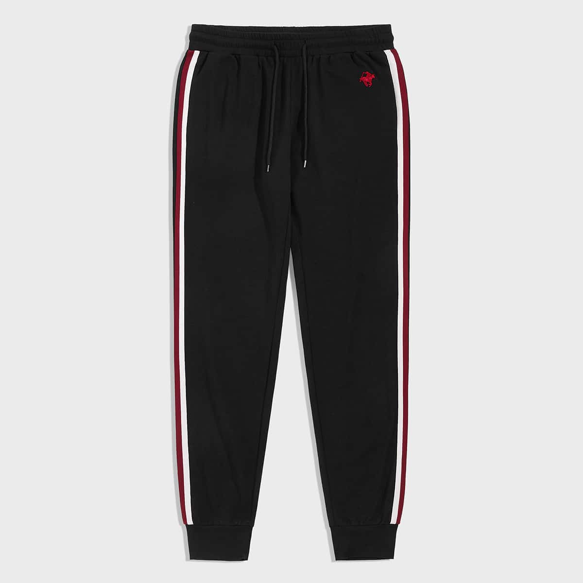 

Guys Contrast Striped Tape Embroidered Detail Sweatpants, Black