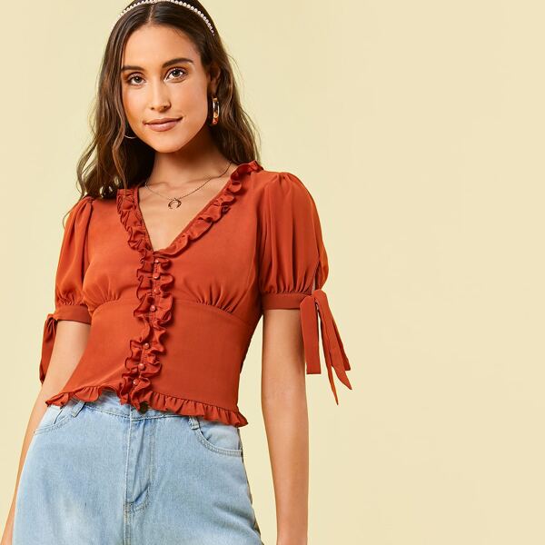 

V-neck Frill Detail Knot Sleeve Shirred Back Top, Orange