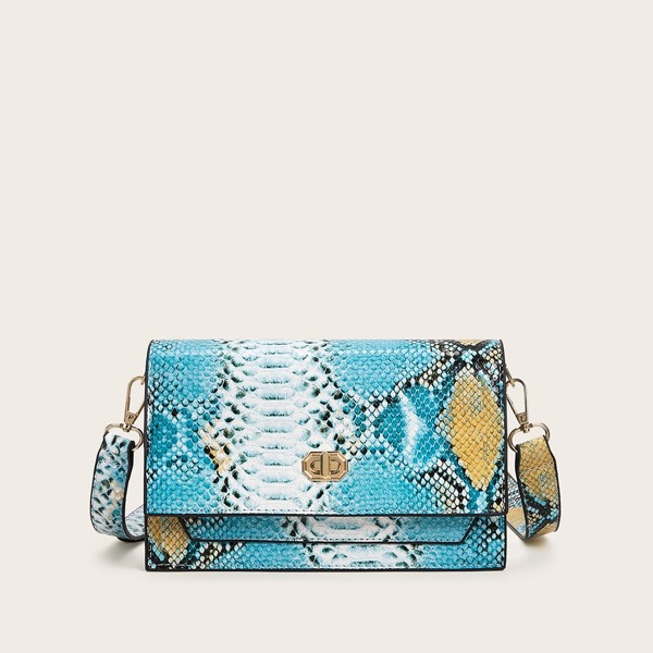 

Snakeskin Print Twist Lock Flap Crossbody Bag, Multicolor