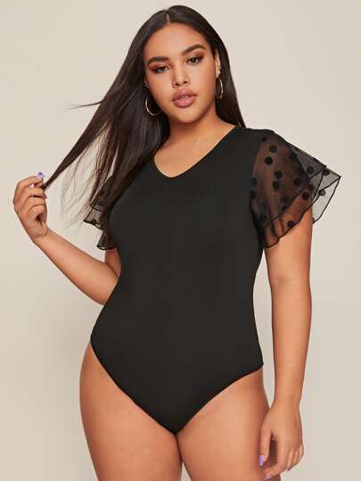 Plus Contrast Mesh Sleeve Skinny Bodysuit