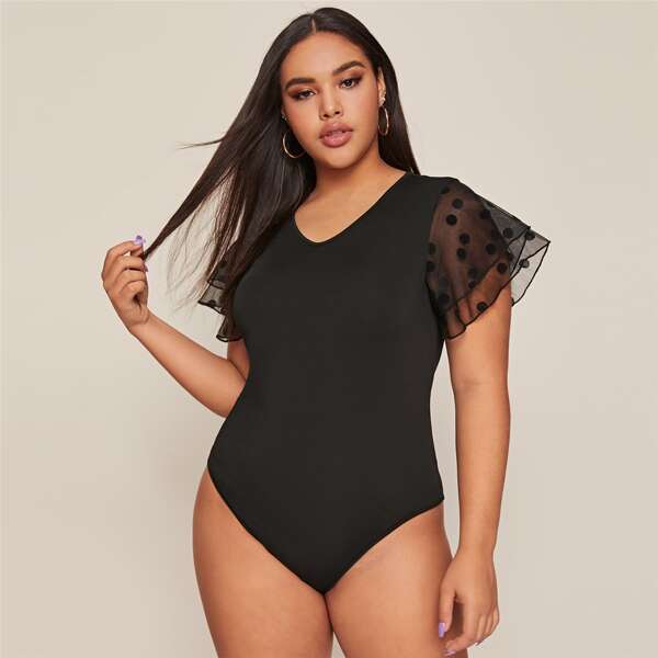 

Plus Contrast Mesh Sleeve Skinny Bodysuit, Black