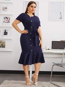 SHEIN Clasi Plus Single Breasted Mermaid Hem Belted Dress - Navy Blue - View 2