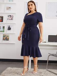 SHEIN Clasi Plus Single Breasted Mermaid Hem Belted Dress - Navy Blue - View 5