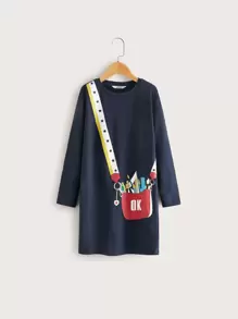 SHEIN Girls Bag Print Tee Dress - Navy Blue - View 1