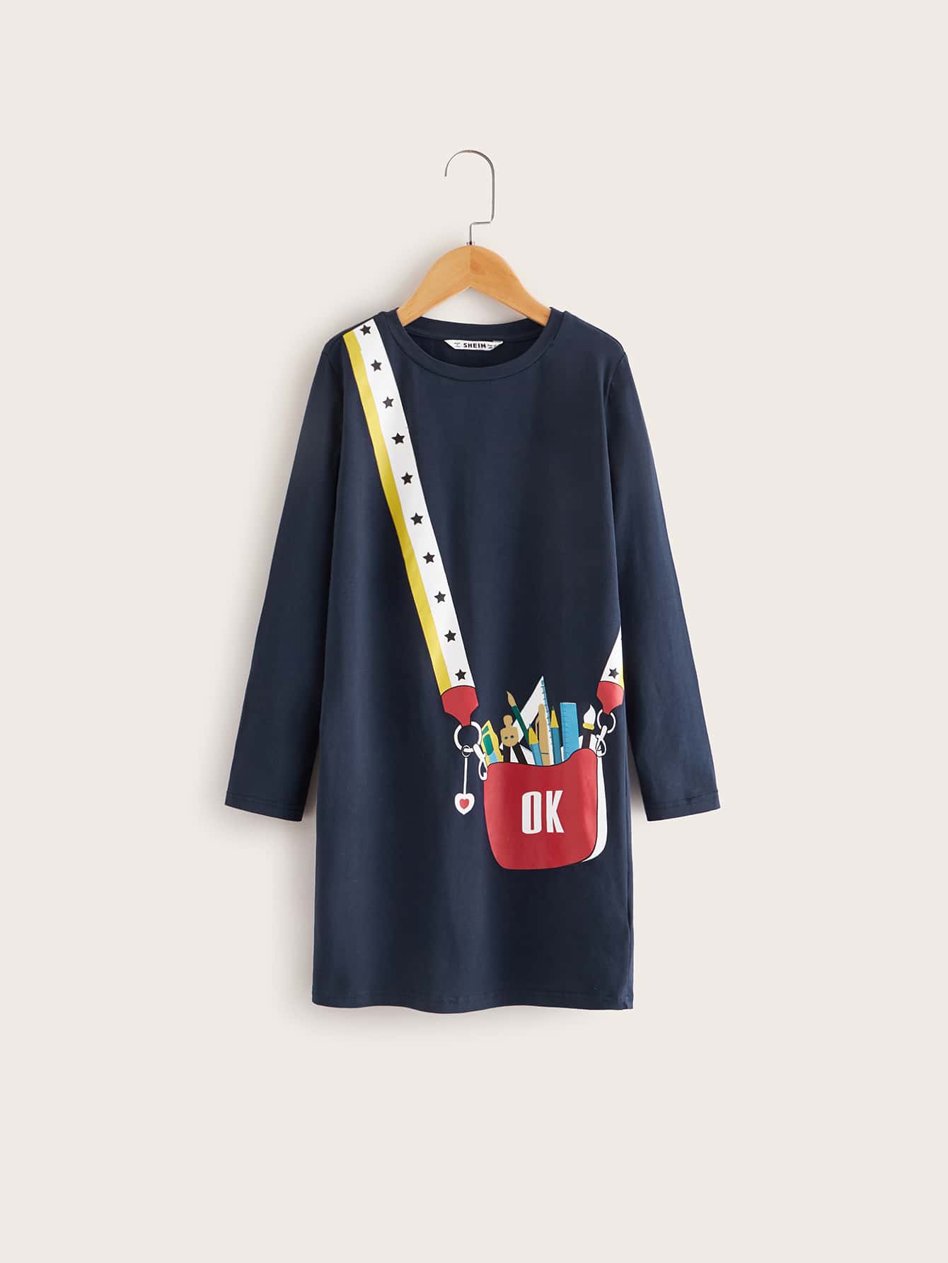 SHEIN Girls Bag Print Tee Dress - Navy Blue - View 1