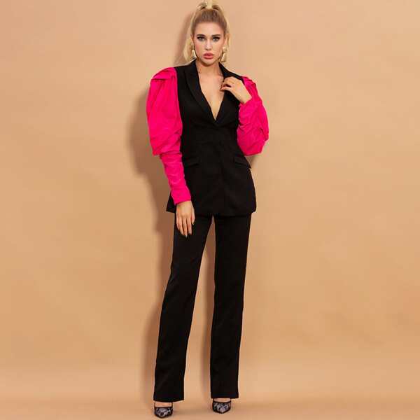 

Missord Contrast Gigot Sleeve Blazer & Pants Set, Black