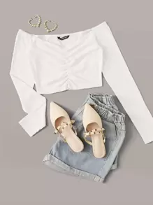 SHEIN Qutie 抽褶細節露肩短版上衣 - 白色 - 查看 1