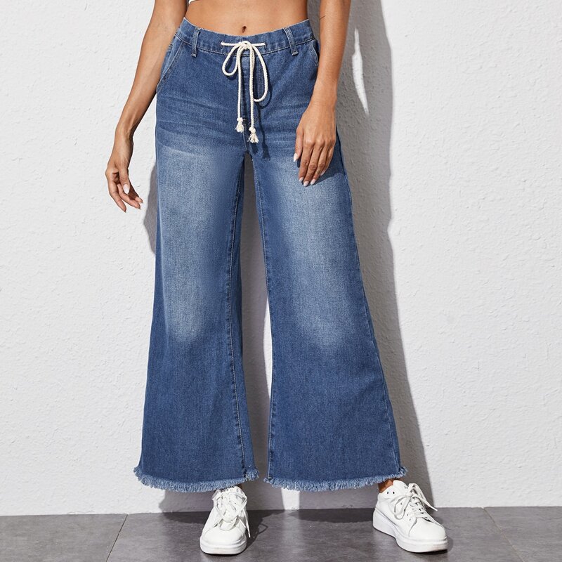 

Raw Hem Drawstring Waist Wide Leg Jeans, Blue