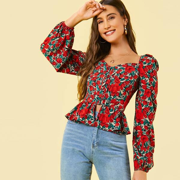 

Sweetheart Neck Floral Print Ruffle Hem Blouse, Multicolor