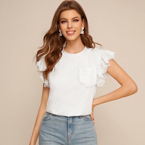 

Ruffle Armhole Lace Detail Patch Pocket Top, White