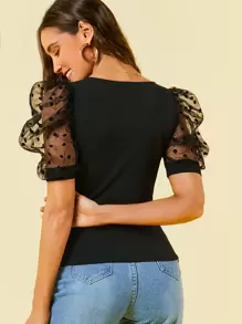 SHEIN Privé Surplice Neck Dot Mesh Puff Sleeve Top - Black - View 2