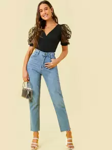 SHEIN Privé Surplice Neck Dot Mesh Puff Sleeve Top - Black - View 5