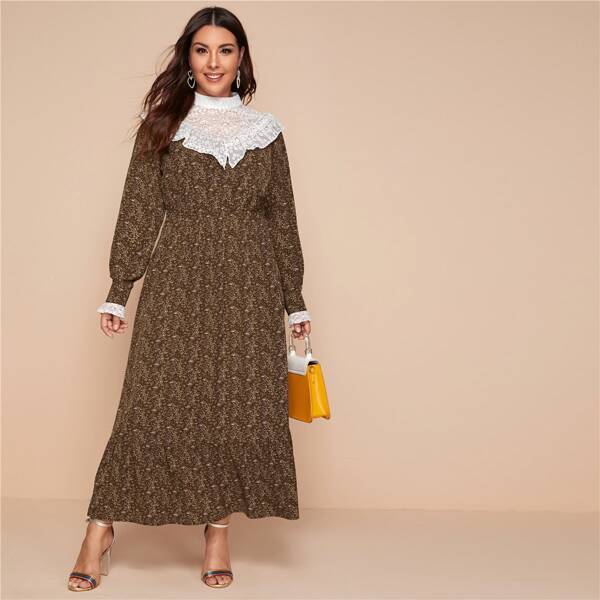 

Plus Embroidered Mesh Yoke Ditsy Floral Dress, Brown
