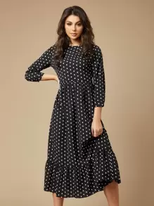 SHEIN Clasi Polka Dot Flounce Hem Dress - Black - View 1