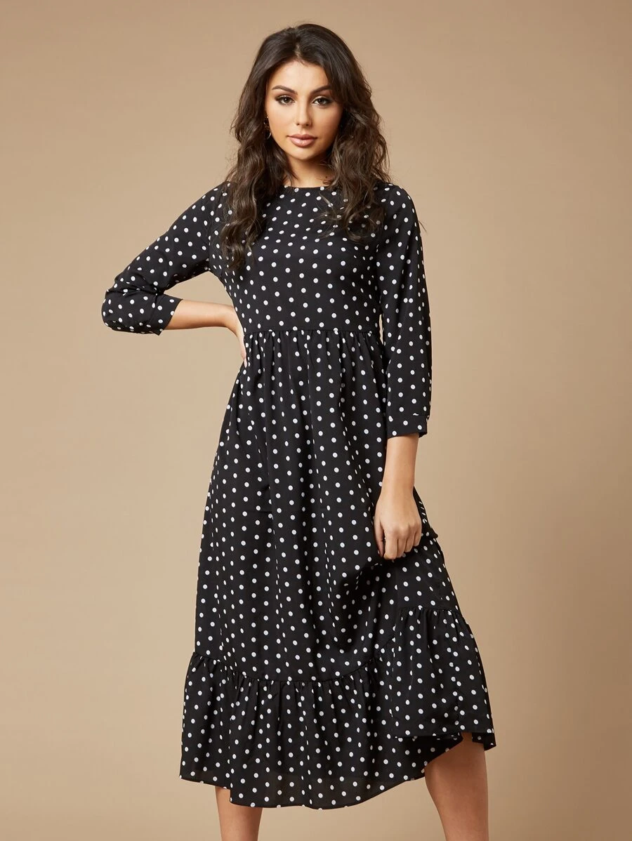 SHEIN Clasi Polka Dot Flounce Hem Dress - Black - View 1