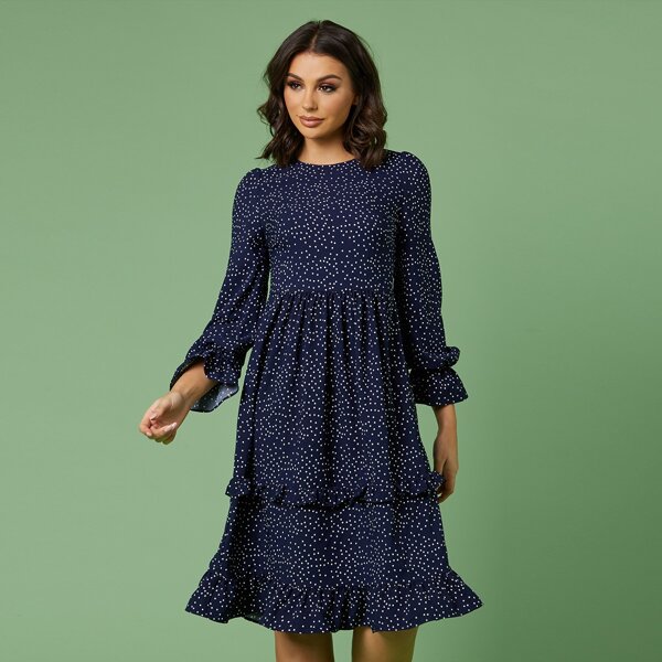 

Bell Sleeve Ruffle Hem Polka Dot Dress, Navy blue