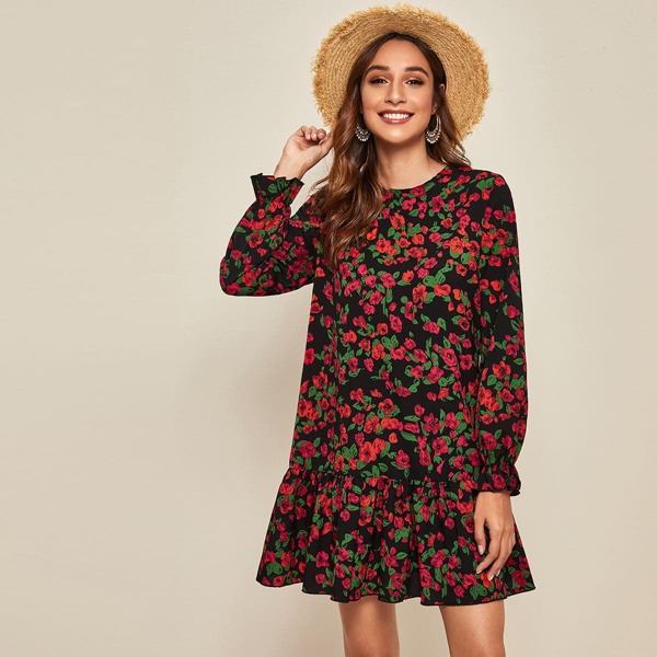 

Keyhole Back Flounce Sleeve Floral Print Smock Dress, Multicolor