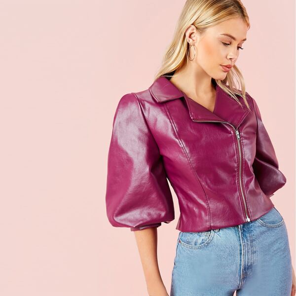 

Lantern Sleeve PU Leather Moto Jacket, Purple
