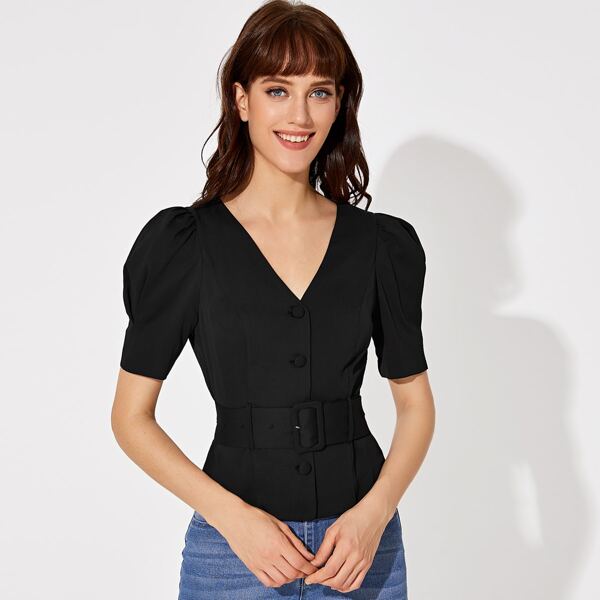 

Premium V-neck Puff Sleeve Belted Blouse, Black