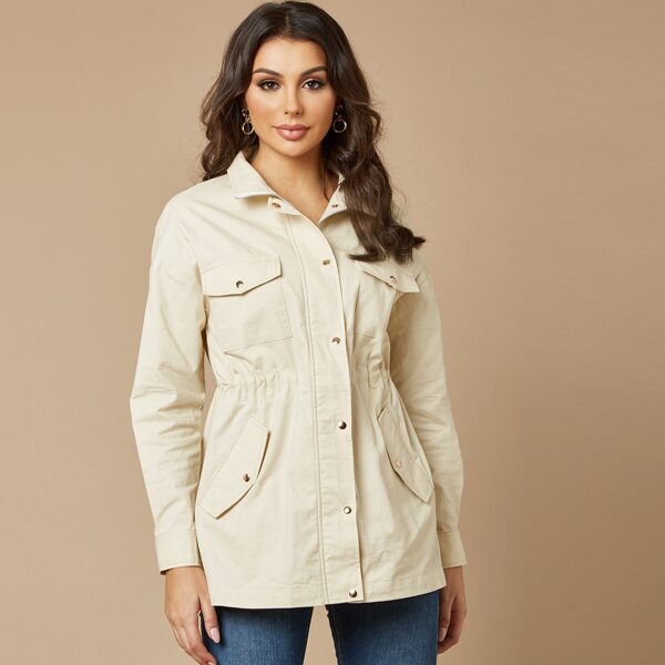 

Zip Up Buttoned Front Flap Pocket Coat, Beige