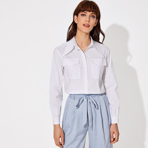 

Button Front Flap Pocket Blouse, White